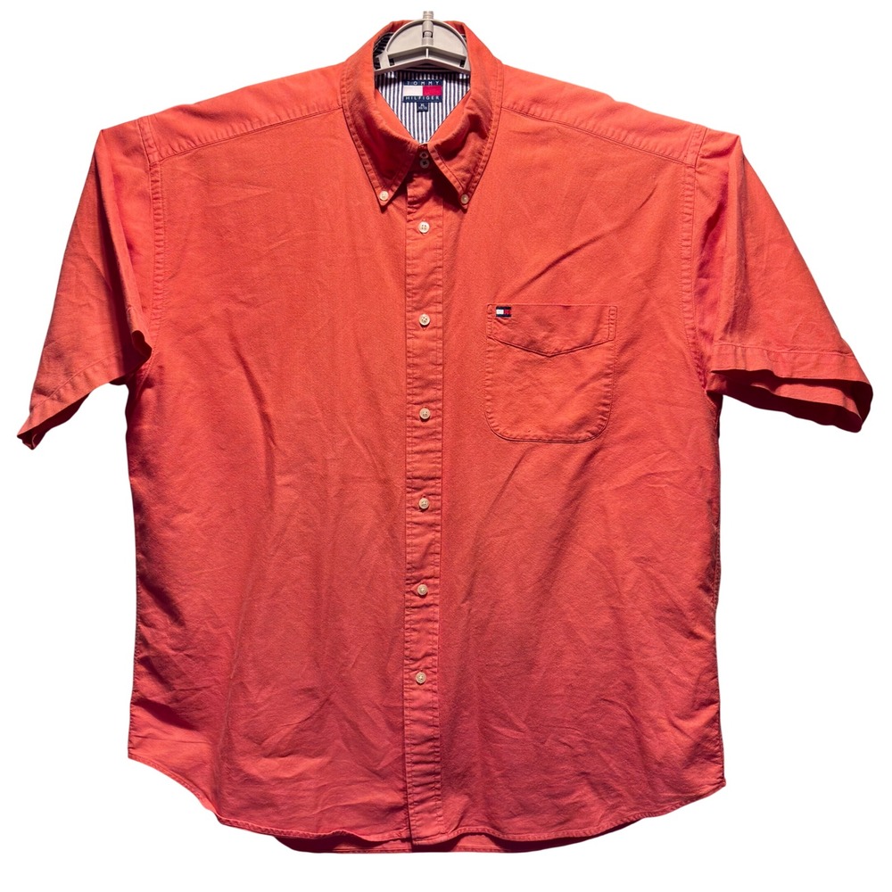 Tommy Hilfiger Button Down Shirt Men XL Coral Excellent Short Sleeve Logo Pocket